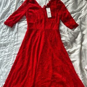 Red Lace Midi Dress with V-Neck